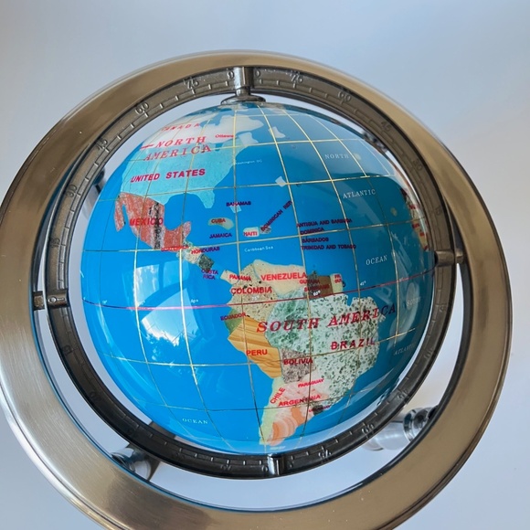 Vintage Gemstones World Globe: Lapis Lazuli Ocean, Silver Metal Stand, Compass - Picture 3 of 17